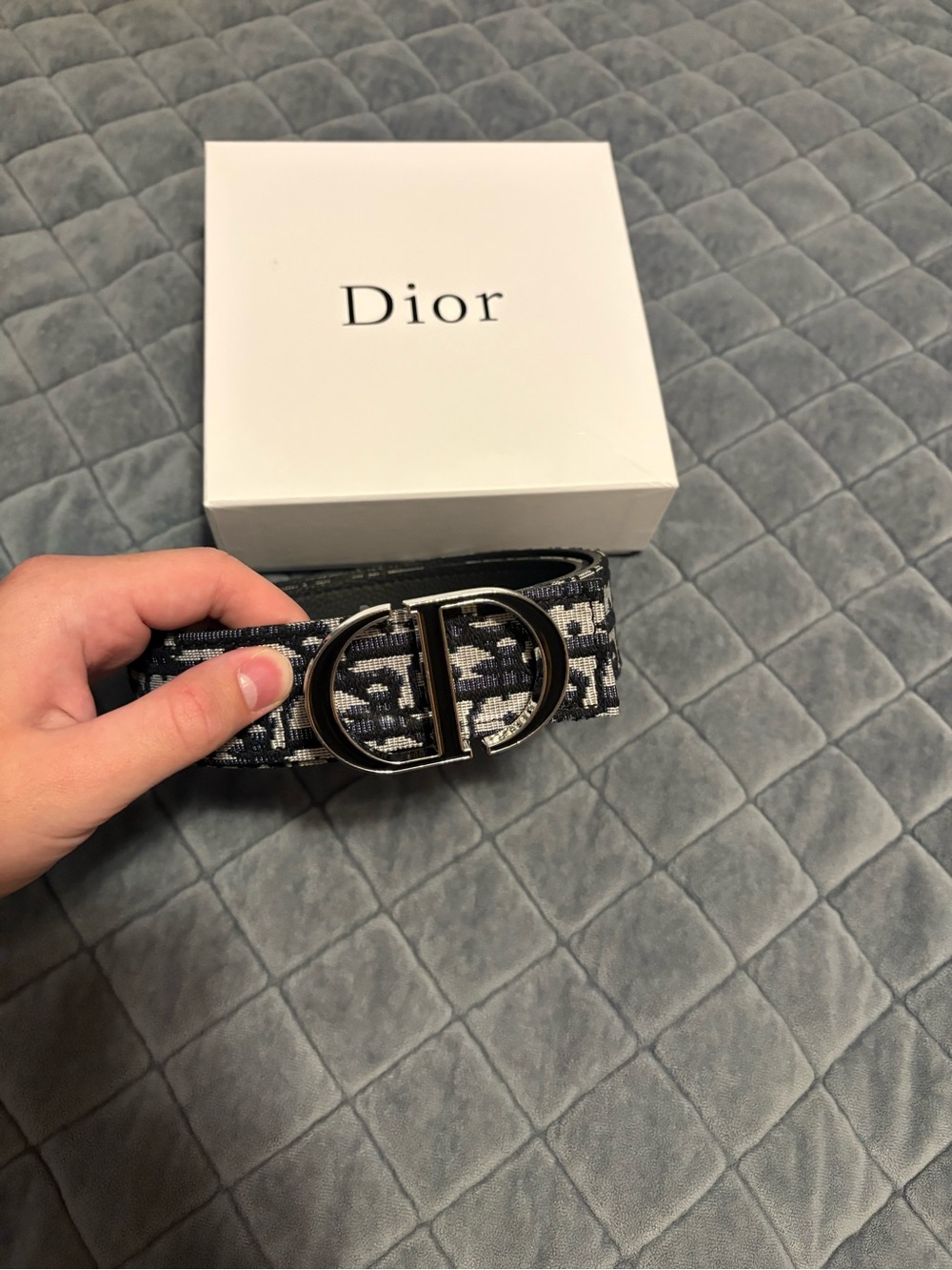 Dior Black and Gray Oblique Logo Belt with CD Buckle